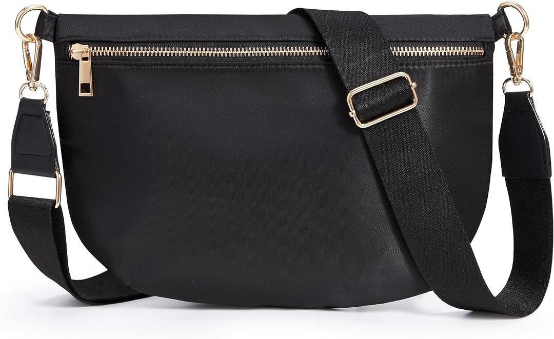 KALIDI Black Crossbody Bags for Women Travel Flat Fanny Packs for Woman Men Nylon Cross Body Purse Fashion Belt Bum Bag