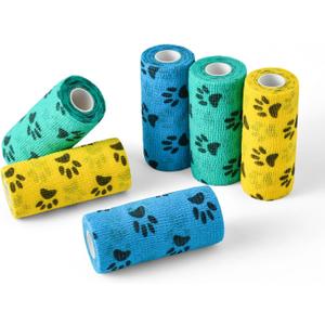 WePet Pet Wrap, Self-Adhesive, Only Sticks to Itself, Non-Woven Tape for Dog Legs, Paws, Wounds, First Aid Cohesive Gauze for Horse, Cat, Bird, Animal, 6 Rolls, 4 Inch, Pawprints A
