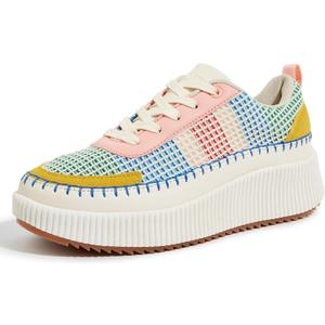 LUCKY STEP Women's Platform Sneakers Rhinestone Fashion Chunky Casual Sparkly Retro Braided Walking Shoes (9.5, Pink/Yellow Multi Knit)