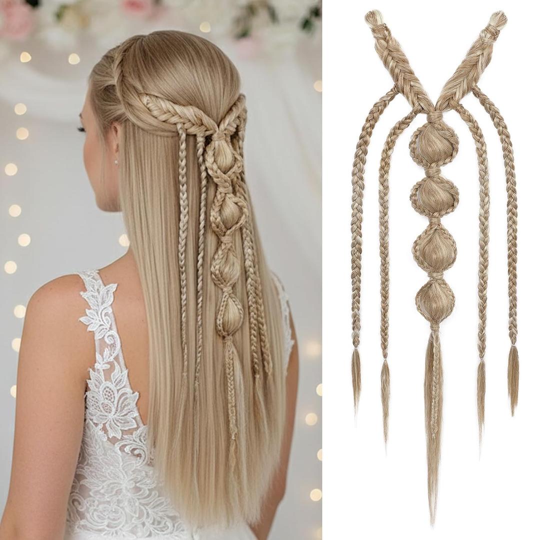 NTYNTY Clip in Braid Hair Extensions - Boho Festival Princess Braid, Viking & Renaissance Hair Extension, Fairy Cosplay Wedding Hairpiece for Women - Glazed Sand