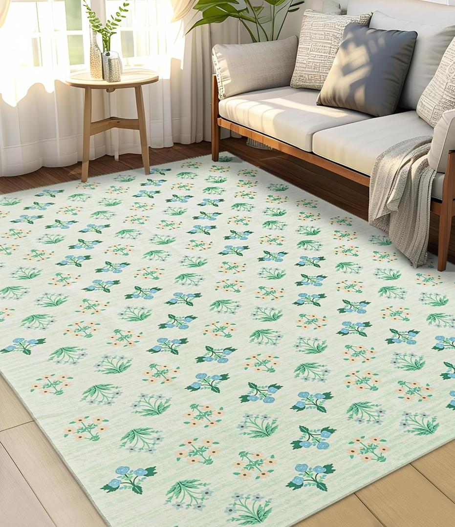 YIHOUSE Green Floral Washable Area Rug 5'x7'- Small Colorful Living Room Rug Ultra-Thin Non-Slip Area Rug for Bedroom, Nursery Room, Kids Room (Green, 5x7ft)
