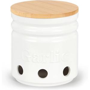 Garlic Keeper for Counter - Garlic Holder with Bamboo Lid,Garlic Container to Keep Your Garlic Cloves Fresh Longer,Large Ceramic Garlic Storage for Kitchen
