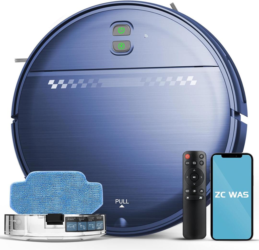 Robot Vacuum and Mop Combo, 2-in-1 Robot Vacuum Cleaner, Perfect for Pet Hair, Hard Floor and Carpet, Anti-Bump, Anti-Fall, App, Voice and Remote Control (Blue)