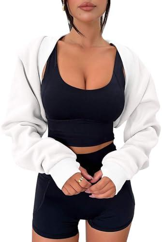 Zwurew Women's Bolero Shrug Long Sleeve Cropped Sweatshirt with Thumb Hole Workout Shrugs Open Front Y2K Tops 2026 White, M