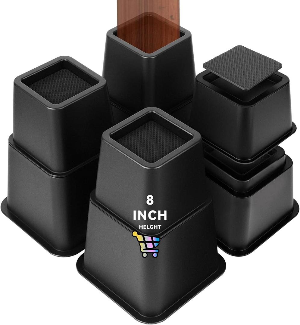 NKPOPHETE 8 inch Bed Risers Adjustable Furniture Risers - Heavy Duty Non-Slip Lift Supports for Beds/Couches/Sofas, Durable Square Design with Creates Storage Space (4 Pack Black, 3/5/8 lnch Square)