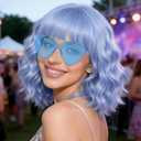 Light Blue Wavy Curly Bob Wig with Bangs Heart Sunglasses for Women, 14 Inch Colored Neon Fun Party Curly Synthetic Wigs Hair Cap for Cosplay Halloween Costume Bachelorette Party