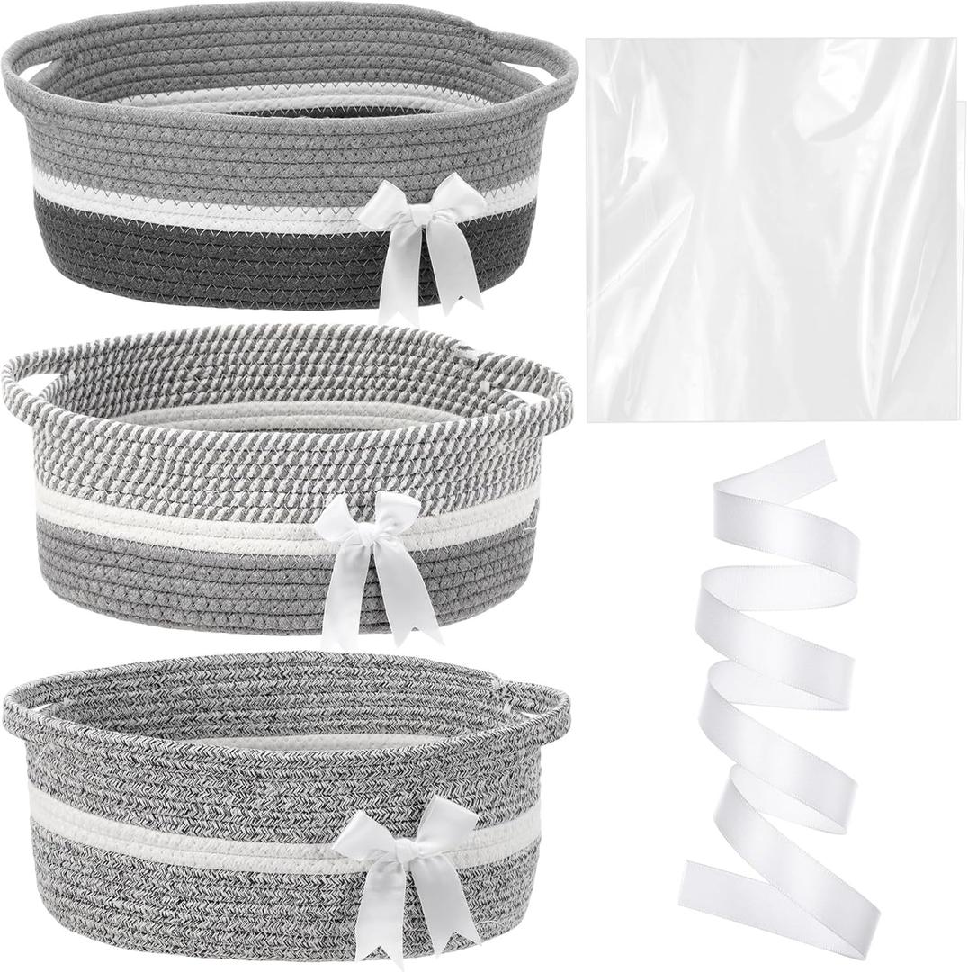 Colingmill 3 Pack Valentine's Day Small Bow Woven Basket Empty with Handles Gift Bags and Ribbon 12" x 8" x 5" Gift Baskets to Fill Storage Box Pet Toy Wedding Presents Birthday(Gray)