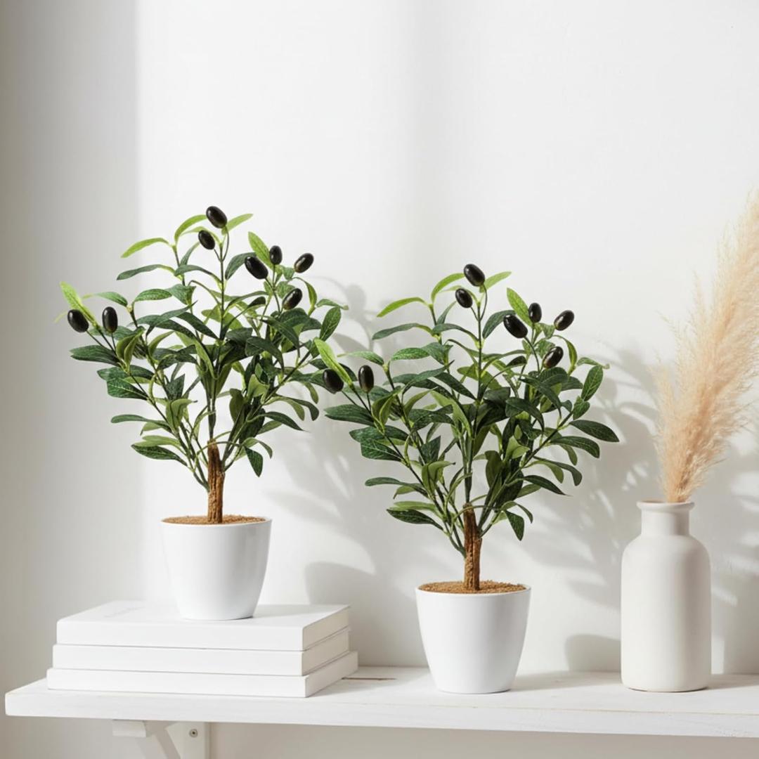 Giegxin 2 Pack 15.8 Inch Small Artificial Olive Tree Indoor 40cm Faux Olive Plant with White Pot for Home Office Room Table Modern Decor