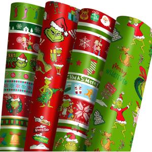 ONIBOGO Christmas Wrapping Paper - Funny Cartoon Xmas Holiday Colorful Recyclable - 16 Sheets, Each 20 x 28 Inches (Red & Green)