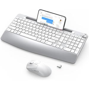 Wireless Keyboard and Mouse - Full-Sized Ergonomic Keyboard with Wrist Rest, Phone Holder, Volume Knob,2.4GHz Silent Cordless Keyboard Mouse Combo for Computer, Laptop, PC, Mac, Windows -White
