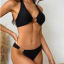 SOLY HUX Women's Halter Bikini Set V Neck Ring Linked Bathing Suit Summer Beach Two Piece Swimsuit (Black, M)