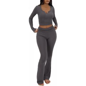 FAIRY SEASON Womens 2 Piece Lounge Sets Slim Fit V Neck Long Sleeve Top Fold Over Yoga Flare Pants Pajamas Loungewear Outfits (X-Small, Deep Gray)