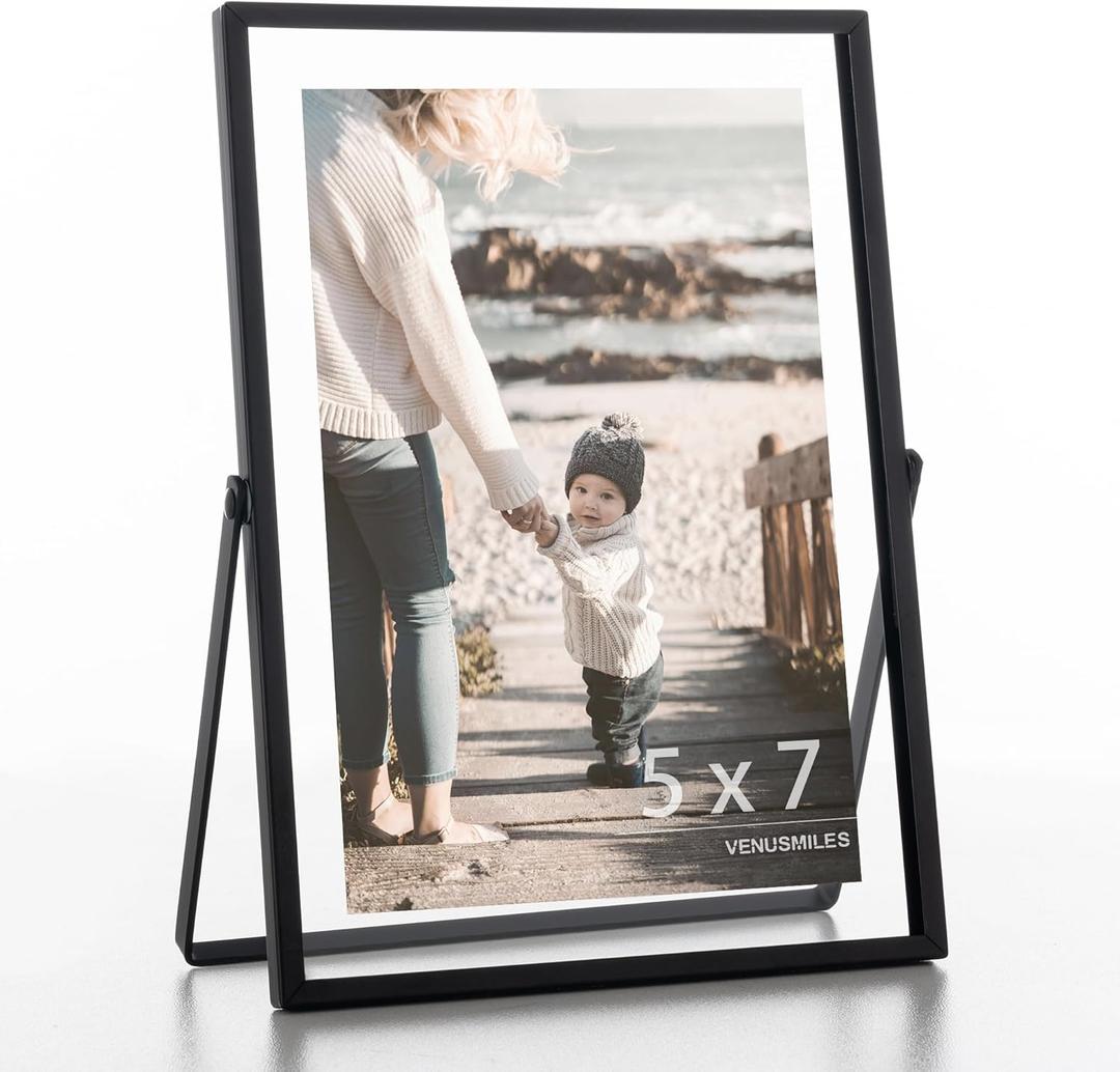 Floating Frame Floating Picture Frames, 5x7 Double Real Glass Metal Photo Frame with Pull-Out Easel Stand for Wall Vertical Tabletop Display, Home, Office, Photo Gallery, Wall Art, Wedding Decoration (Matte Black)