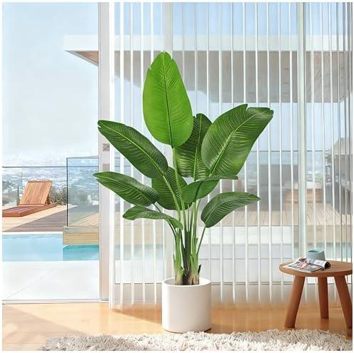 Birds of Paradise Plant Artificial, 4FT Fake Plants Faux Banana Leaf Tree with 9 Banana Leaves, Lifelike Tall Fake Tropical Palm Indoor Silk Floor Plant in Black Pot for House,Office,Room,Home Decor