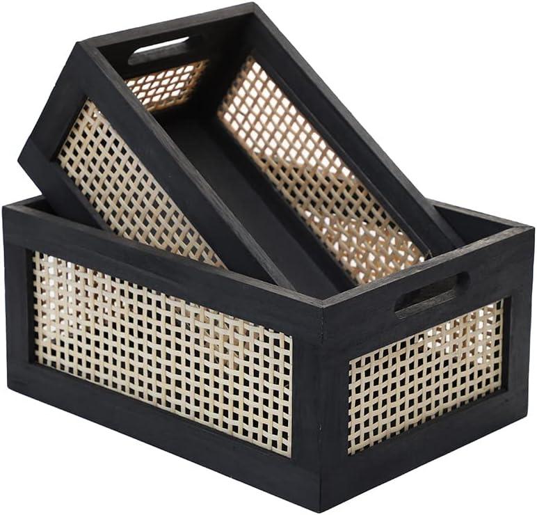 Wood Baskets, Rattan Storage Baskets for Organizing, Black, Set of 2