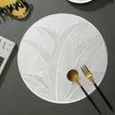pigchcy Silver Round Placemats Set of 6 for Dinner Table, Metallic Circle Vinyl Place Mats Decor Wedding Accent Centerpiece Plantain Leaves Design