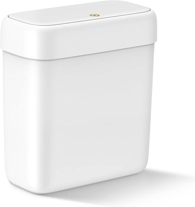 Small Bathroom Trash Can with Lid, 2.6 Gallon Garbage Can with Pop-Up Lid
Press Top Lid, Dog Proof, Slim for Small Space, Premium Plastic, Easy to Use Waste Basket for Room, Office, Toilet, Rv, White