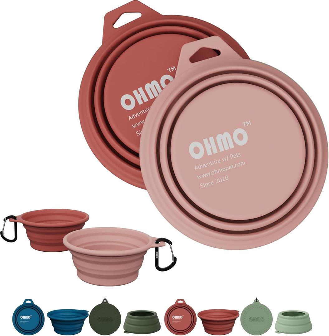 OHMO Collapsible Dog Bowl(2 Pack, 12oz/400ml) Premium Silicone Pet Water Bowls for Cats & Dogs, Portable Dog Travel Bowls Foldable for Outdoor Camping Hiking (Erythrinus&Coral)
