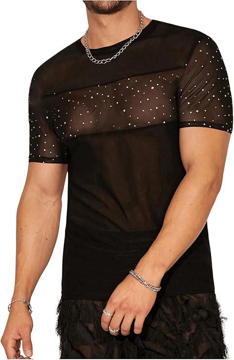 WDIRARA Men's Rhinestone Mesh Sheer T Shirts Sparkle Crew Neck Short Sleeve Casual Tee Top(Black, Medium)