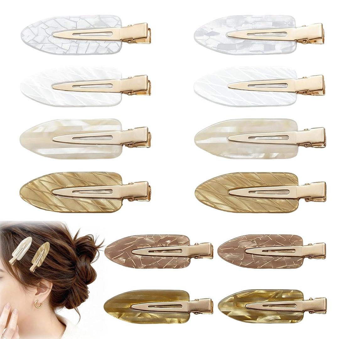 12Pcs No Crease Creaseless Hair Clips No Bend Flat Clips for Styling Non Slip Makeup Hair Accessories for Women Girls (White Gold)