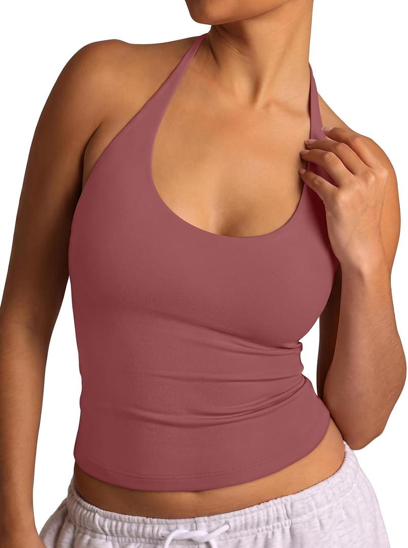 REORIA Women's Tie Halter Tops Backless Scoop Neck Double Lined Basic Summer Outfits 2026 (Medium)