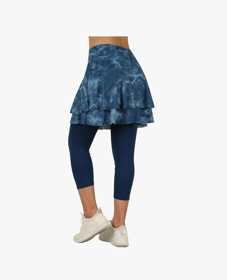 ANIVIVO Skirted Leggings for Women Capri, Athletic Tennis Skirt with Leggings Golf Pickleball Clothes with Pockets(2-blue Tie-dye, Medium)