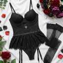 Women Lingerie Set Naughty Lace Bodysuit High Waisted Underwire Lingerie Babydoll With Garter Belt and Stockings (Black, XXXL)