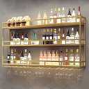 Large 39in Wine Rack with LED Lights Wall Mounted Bottle Glass Holder, 3-Tiers Liquor Floating Shelves Display Storage Organizer Hanging Long Stemware Goblet Metal for Home Bar Golden, 39"x 9.8"x 35"