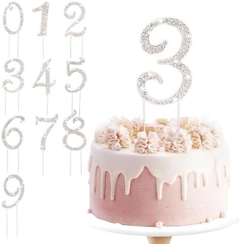 BEIDHIA Number Cake Topper 0-9,Silver Bling Rhinestone Happy Birthday Cake Topper for 3rd 13th 21st 30th 40th 60th 70th Birthday Party Anniversary Wedding Cake Decorations