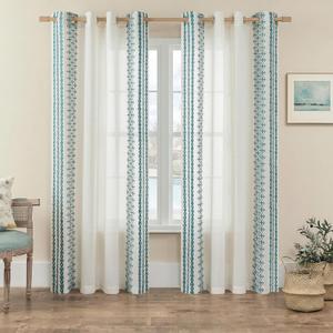 Blue Boho Curtains 84 Inches Long for Living Room Bedroom 2 Panels Grommet Semi Sheer Natural Linen Curtains Bohemian Striped Embroidered Window Curtains Farmhouse Decor Drapes Privacy, 52"x84", Teal