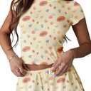 Cioatin Women 2 Pieces Pajama Sets Y2K Summer Floral Fruit Print Lounge Set Short Sleeve Crop Tops and Shorts Sleepwear (S)