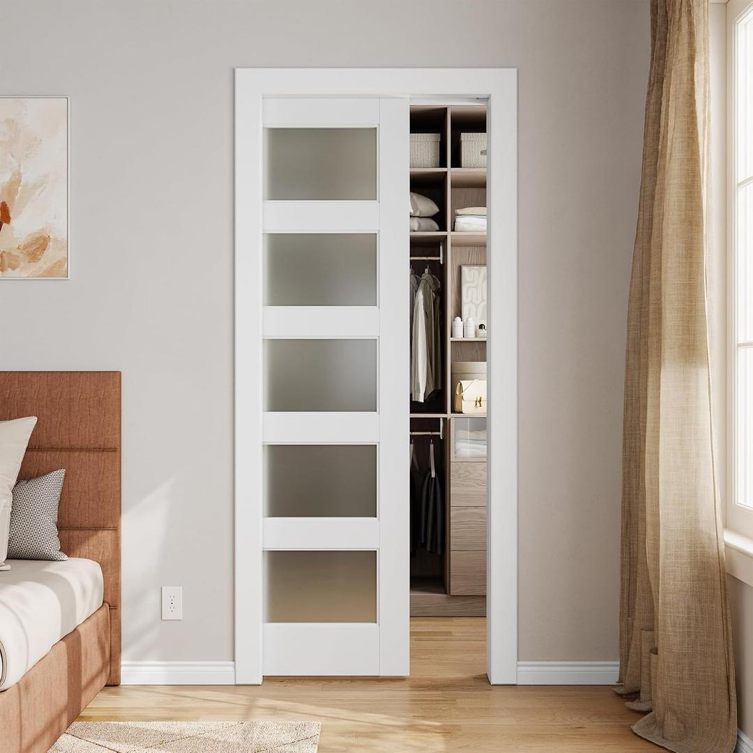 Sliding Pocket Door 30" x 80", 5-Panel Frosted Glass Panel with Soft Close Pocket Door Frame Kit, Interior & Closet Pre-Assembled Door Slab, White Primed