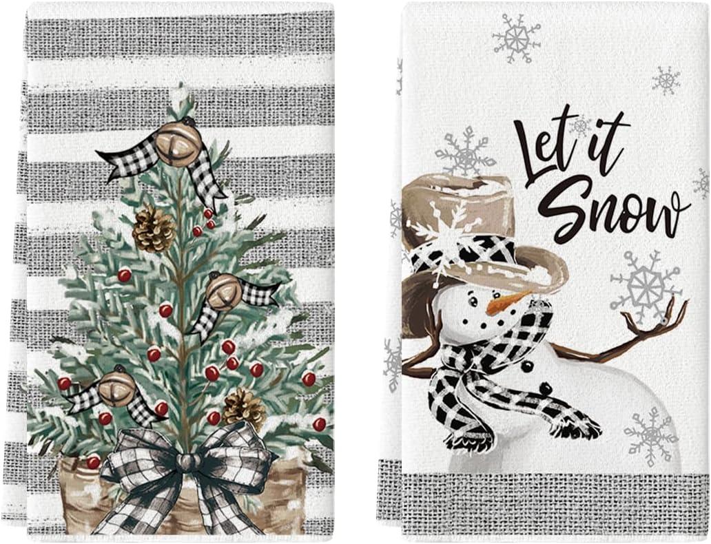 Artoid Mode Xmas Tree Snowman Winter Kitchen Towels Dish Towels, 18x26 Inch Holiday Let It Snow Christmas Decoration Hand Towels Set of 2