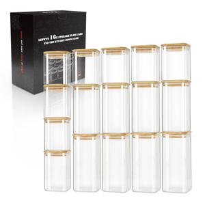 LIBWYS 16-Pack Square Glass Storage Jars with Bamboo Lids (0.6Qt/1.06Qt)