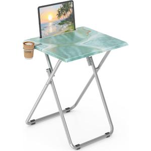 Fleecy day TV Tray Table, Folding Dinner Tray with Cup Holder Portable, Sturdy Foldable Snack Eating Table for Living Room, No Assembly Required, 15 x 18.9 x 25.6 in (Sea Blue Marble)
