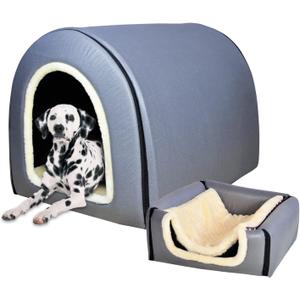 Dog Bed,2 Ways to Use,Indoor Pet House with Fluffy Mat,Removable and Washable Cover,Splash-Proof House and Non-Slip Bottom,for Large Dogs(2XL Grey Faux Leather)