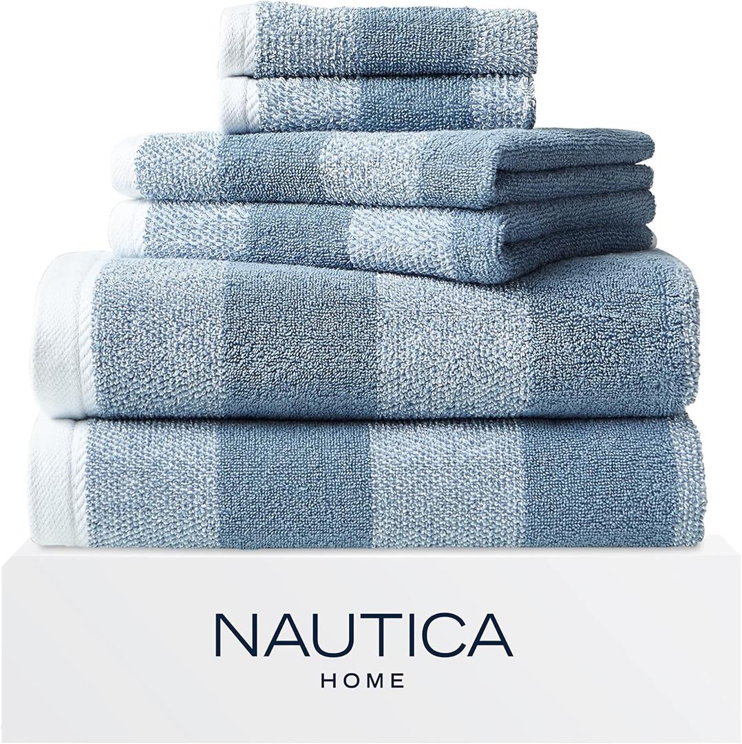 Nautica - Bath Towel Set, Cotton Bath, Hand & Washcloths, Plush, Absorbent & Quick-Dry, Striped Americana Decor, Set of 6, Oak Lake Blue