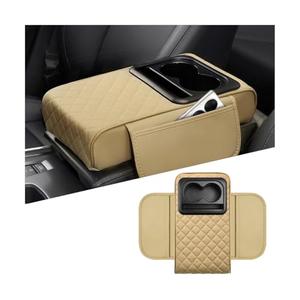 Mandark Car Center Console Armrest Pillow, Leather Memory Foam Auto Arm Rest Box Cover with Storage Bag, Waterproof Automotive Interior Elbow Protector Accessories, Universal Fit (Beige)