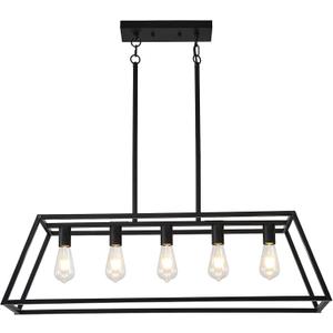 Farmhouse Rectangle Chandeliers for Dining Rooms, Modern Linear Hanging Light Fixture Matte Black 5-Light Industrial Pendant Lighting for Kitchen Island