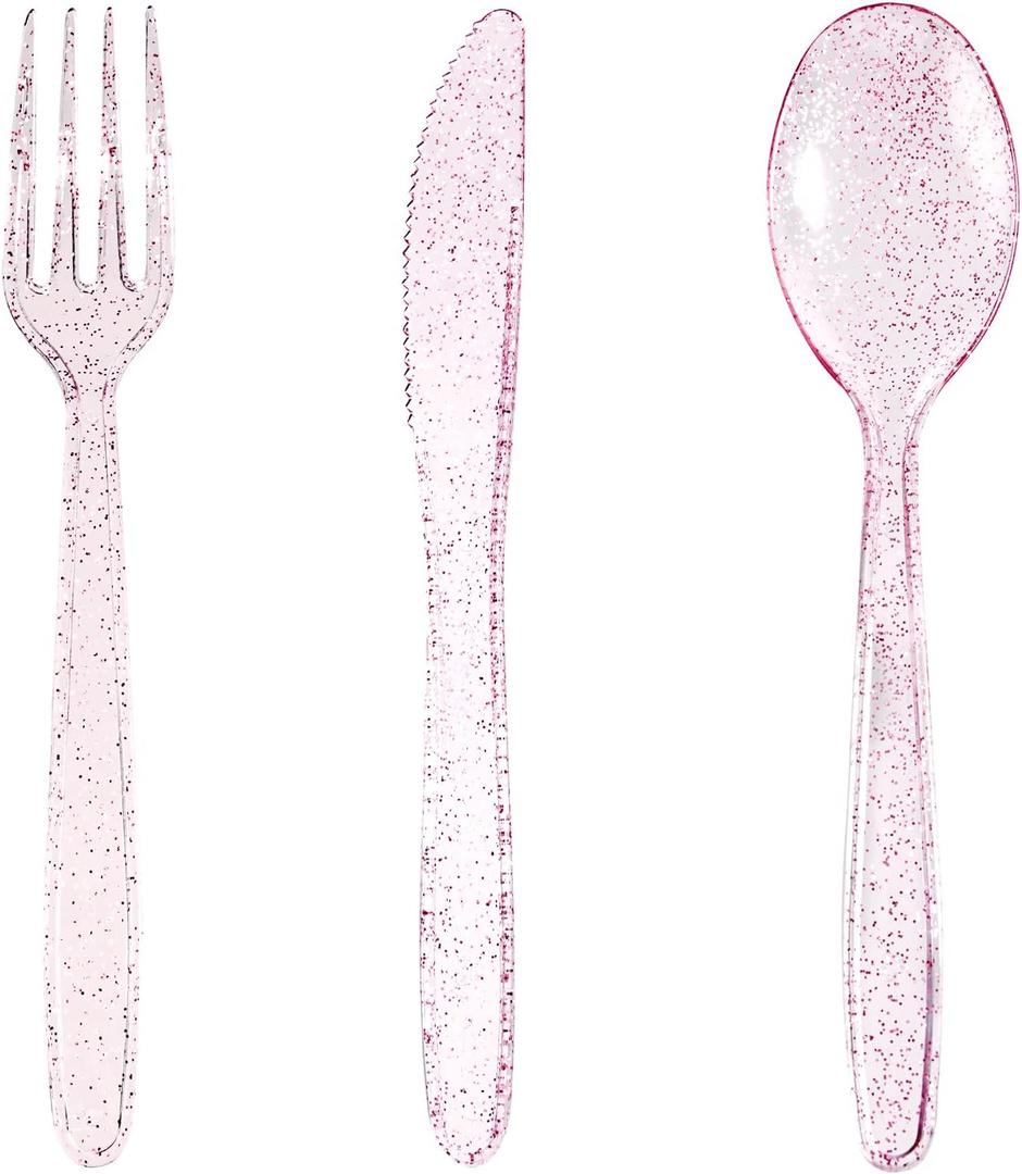 WDF 360 Pink Glitter Plastic Silverware - Disposable Glitter Cutlery - Plastic Silverware inluding 120 Forks, 120 Spoons, 120 Knives for Pink Birthday & Baby Shower