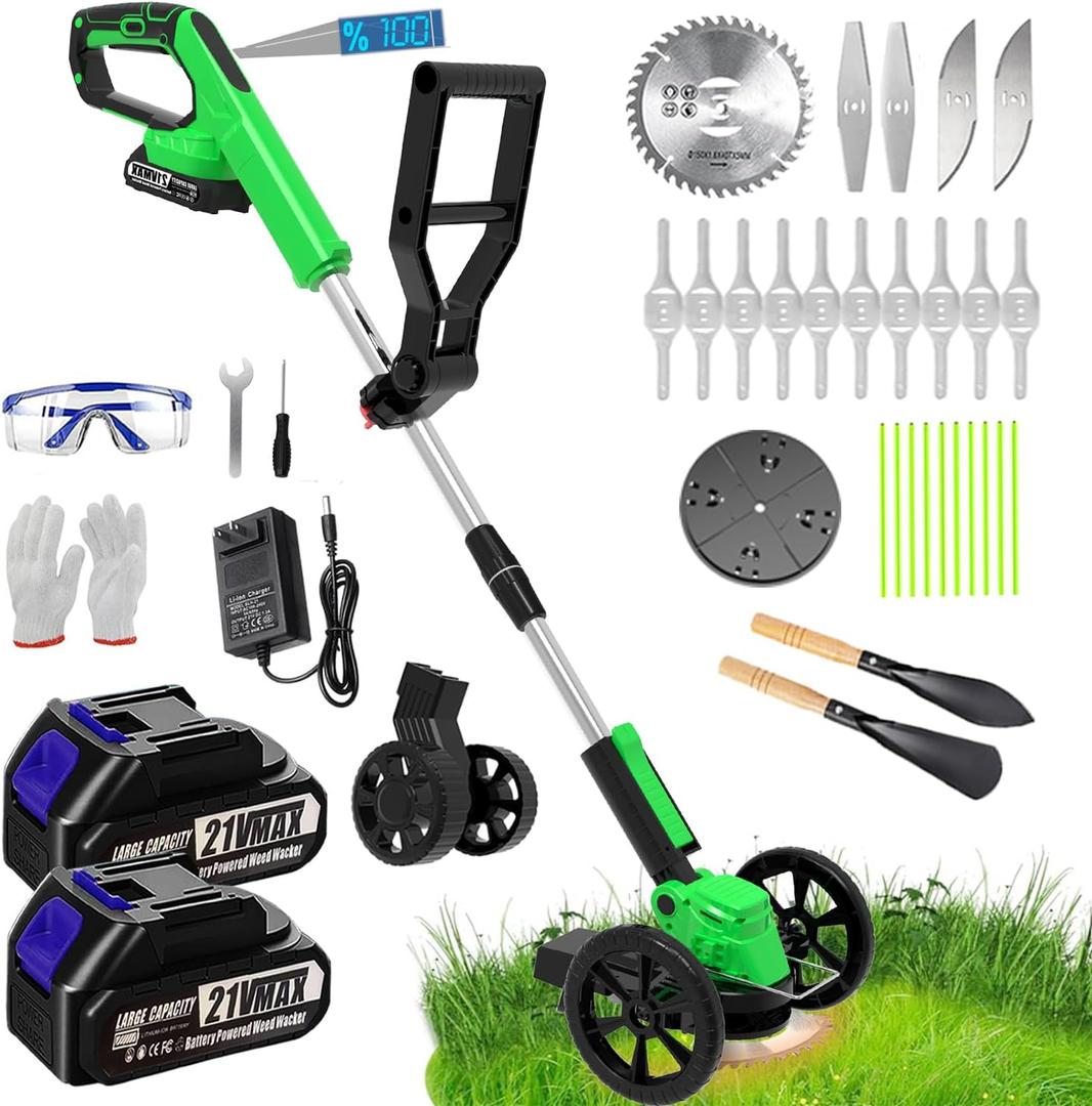 Electric Weed Wacker Eater Cordless, Weed Wacker Battery Powered, Weed Trimmer with 2X 2.0Ah Battery Operated & 25 Blades & Wheels, 3 in 1 No-String Grass Trimmer/Brush Cutter/Edger for Garden Yard