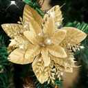 Kisflower 24PCS Poinsettia Artificial Flowers Gold Christmas Flower Decorations with Clips and Stems, Glitter Christmas Tree Ornaments for Xmas New Year Wedding Party (Gold)
