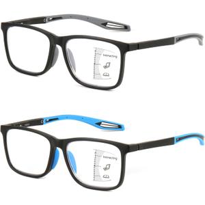 Missfive 2 Pack Upgraded Bend-Proof Multifocus Progressive Reading Glasses Men, TR90 Sporty Frame & Metal Spring Hinge, No-Line Multifocal Anti Blue/UV Near-Mid Workplace Readers 2.0x