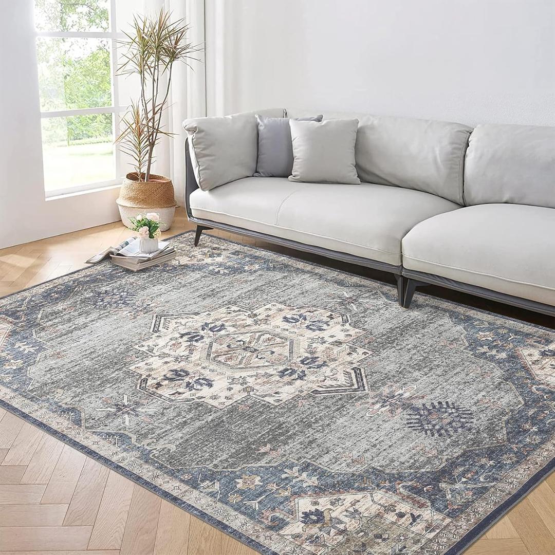 GAOMON Living Room Rug 9x12 Washable Area Rug Non Slip Vintage Oriental Rug Low Pile Ultra Thin Distressed Rug Non Shedding Accent Rug Floor Carpet Rug for Bedroom Dining Room, Green/Blue
