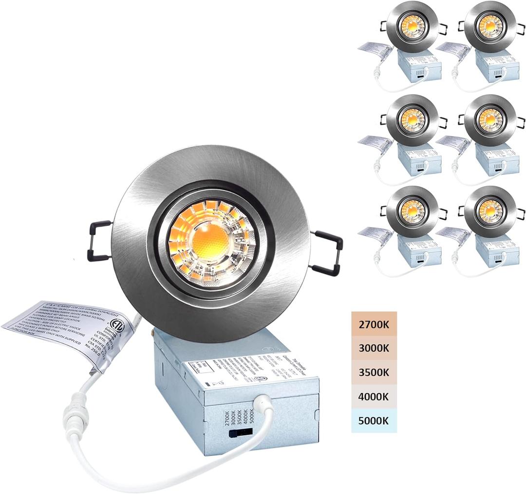Canless Recessed Gimbal Downlight Rotatable-Spotlight 5 CCT Eyeball Ceilling Potlight, Dimmable Lights Fixture with Junction Box, 8W CCT Adjustable (Brushed Nickel, 3 Inch)