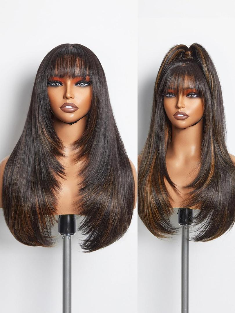 GORGIUS Highlight Straight Layered Wigs with Bangs Glueless Black Mixed Brown Wig 22 Inch Put On Go Wigs Crafted with Style-Archive Premium Fiber Natural Hairline (Highlight Black Mixed Brown)