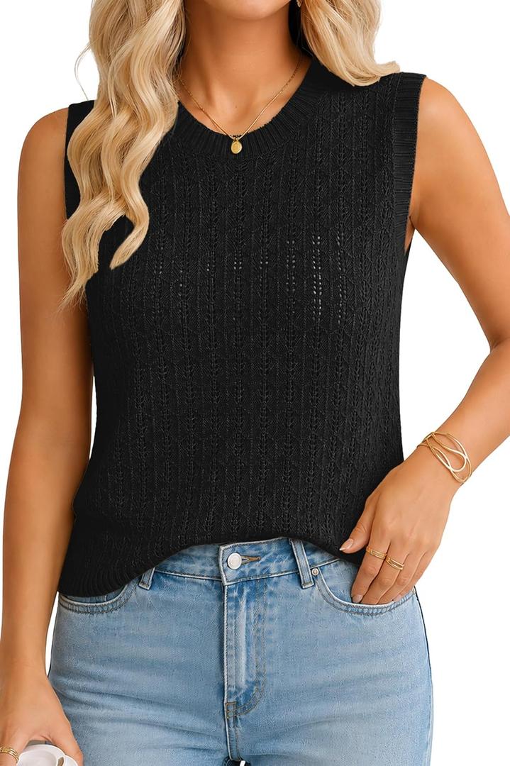 QUALFORT Sleeveless Tank Tops for Women, Crochet Summer Sweater Vest, Hollow Out Knit Casual Shirts, Beach Vacation Outfits (Black, XL)
