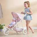 Olivia's Little World Double Jogging-Style Doll Stroller for Baby Dolls with Tandem Seating, Retractable Canopy, Storage Basket, All-Terrain Wheels, Cream, Pink and Gray Polka Dots, 16.5" x 34.25" x 29.5"