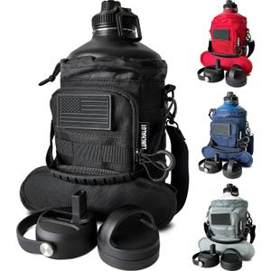 1 Gallon Water Bottle Jug - 128 Oz Insulated Stainless Steel Metal Water Bottle with Holder - Carrying Bag - Spout Handle - Straw Lids - Keep Cold & Hot - Black Tactical Flask (Water Bottle Jug not included)