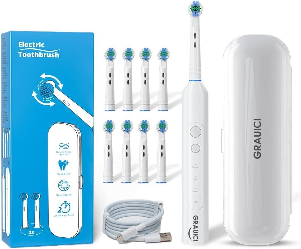 Deep Clean Rechargeable Electric Powered Toothbrush, Rechargeable Electric Toothbrush with 8 Brush Heads,Pressure Sensor to Protect Gums (White)